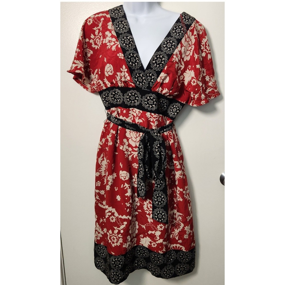 Phoebe Couture 100% Silk Midi Dress Sz 8 V-Neck Flutter Sleeve Lined Empire